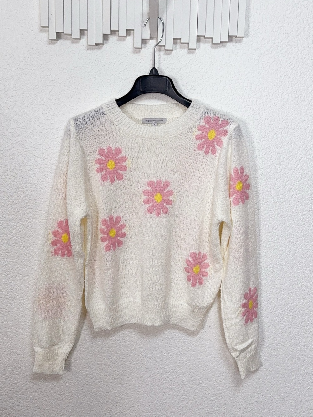 Miss Sparkling Ivory Pink Daisy Lightweight Knit Sweater